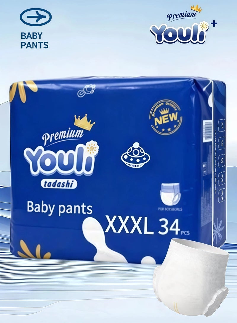 YOULI Baby Pants Diapers 【Super Pack】XXXL Size 6 (15+ kg) Effectively prevents diaper rash  34 Diapers - Image 1